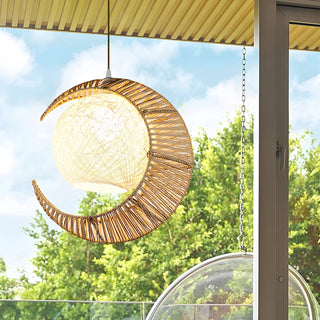 Oriental Flaxen Crescent Moon Rattan Balcony Pendant Light Image - 1