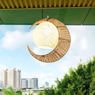 Oriental Flaxen Crescent Moon Rattan Balcony Pendant Light Image - 2