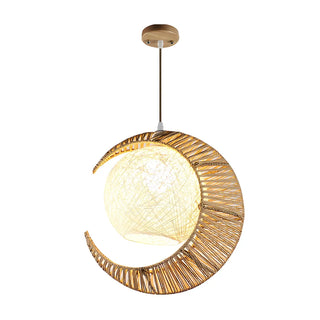 Oriental Flaxen Crescent Moon Rattan Balcony Pendant Light Image - 3