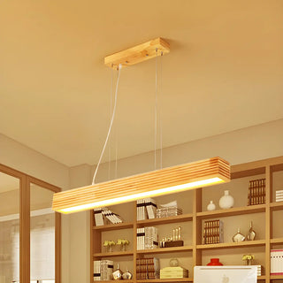 Rectangular Beige Wood LED Large Island Chandelier Image - 2