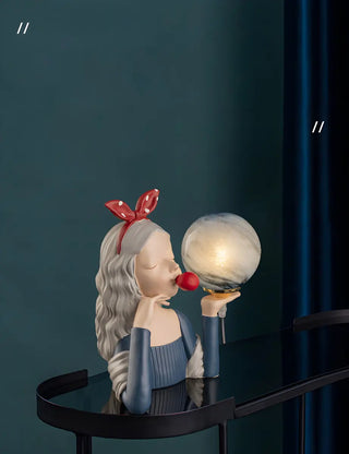 Artistic Girl Statue Spherical Glass Shade Table Lamp Zawala Image - 5