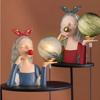 Artistic Girl Statue Spherical Glass Shade Table Lamp Zawala Image - 6