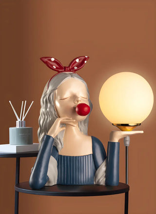 Artistic Girl Statue Spherical Glass Shade Table Lamp Zawala Image - 7