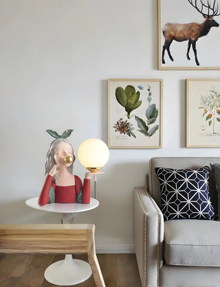 Artistic Girl Statue Spherical Glass Shade Table Lamp Zawala Image - 8
