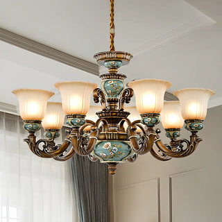 ZOWALA - European Antique Brass Flower Glass Ceramic Chandelier Image - 3