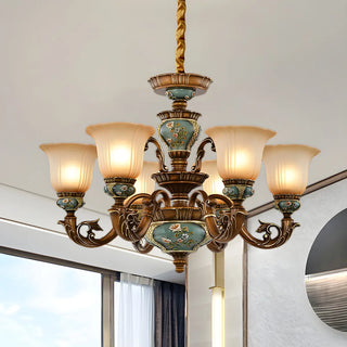 ZOWALA - European Antique Brass Flower Glass Ceramic Chandelier Image - 5