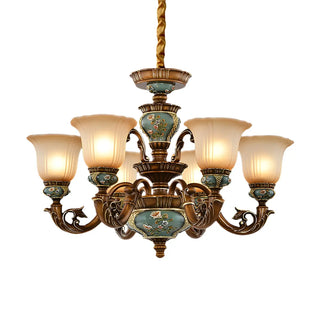 ZOWALA - European Antique Brass Flower Glass Ceramic Chandelier Image - 6