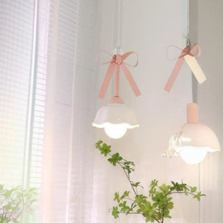 ZOWALA - Romantic Bedroom Pink Bow Ceramics Floral Pendant Light Image - 4