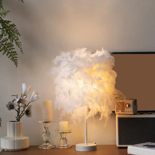 Romantic White Feather Lampshade Bedside Table Lamp Zawala Image - 1