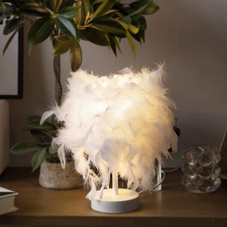 Romantic White Feather Lampshade Bedside Table Lamp Zawala Image - 2