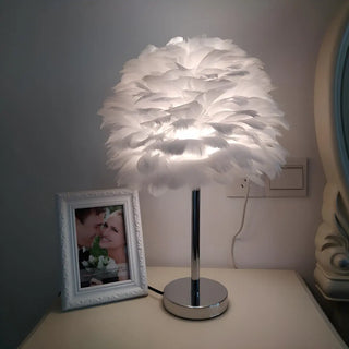 White Romantic Bedroom Feather Ball Decor Table Lamp Zawala Image - 1