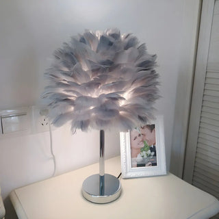 White Romantic Bedroom Feather Ball Decor Table Lamp Zawala Image - 2