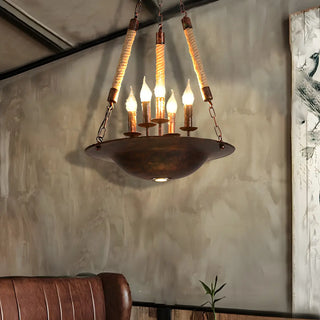 ZOWALA - Rope Farmhouse Rust Metal Bowl 5-Light Chandelier Image - 2
