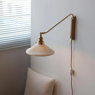 Adjustable Walnut Wood Ribbed Ceramics Wall Sconce Zawala Image - 1