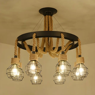 ZOWALA - Circle Rope Metal Beige Cage Edison Bulb Chandelier Image - 11
