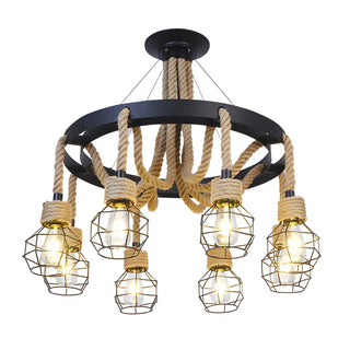 ZOWALA - Circle Rope Metal Beige Cage Edison Bulb Chandelier Image - 10