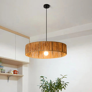 ZOWALA - Rustic Woven Rattan Drum Pendant Light Adjustable Height Image - 1