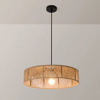 ZOWALA - Rustic Woven Rattan Drum Pendant Light Adjustable Height Image - 10