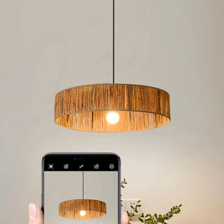 ZOWALA - Rustic Woven Rattan Drum Pendant Light Adjustable Height Image - 13