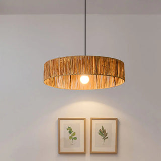 ZOWALA - Rustic Woven Rattan Drum Pendant Light Adjustable Height Image - 2