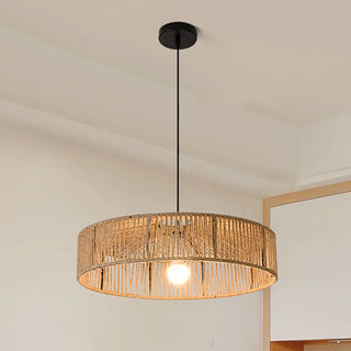 ZOWALA - Rustic Woven Rattan Drum Pendant Light Adjustable Height Image - 3