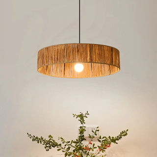 ZOWALA - Rustic Woven Rattan Drum Pendant Light Adjustable Height Image - 5