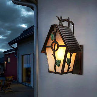 Rustic Leaf and Birdcage Glass Exterior Coffee Wall Sconce Zawala Image - 1