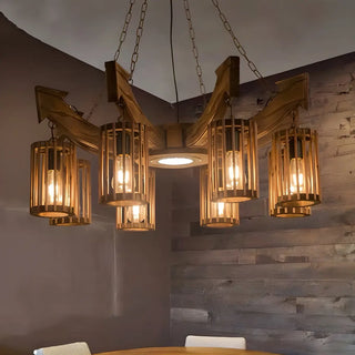 ZOWALA - Cylinder Brown Wood 9-Light Chandelier Image - 1