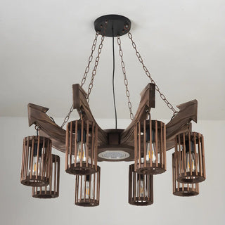 ZOWALA - Cylinder Brown Wood 9-Light Chandelier Image - 10