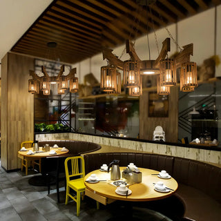 ZOWALA - Cylinder Brown Wood 9-Light Chandelier Image - 14