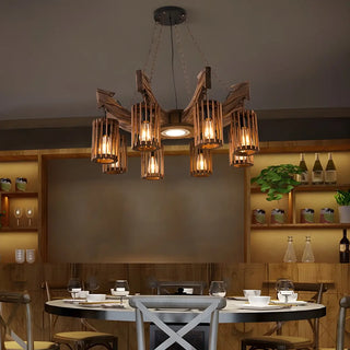 ZOWALA - Cylinder Brown Wood 9-Light Chandelier Image - 2