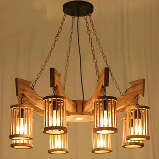 ZOWALA - Cylinder Brown Wood 9-Light Chandelier Image - 3