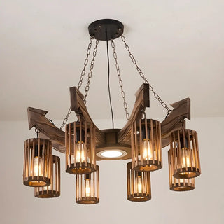 ZOWALA - Cylinder Brown Wood 9-Light Chandelier Image - 6