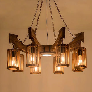ZOWALA - Cylinder Brown Wood 9-Light Chandelier Image - 8