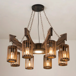 ZOWALA - Cylinder Brown Wood 9-Light Chandelier Image - 9