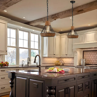 Rustic Wood and Metal Diamond Cage Kitchen Pendant Light Zawala Image - 1