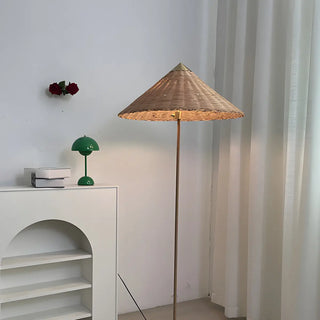 Rustic Walnut Woven Cone Shade Metal Floor Lamp Zawala Image - 1