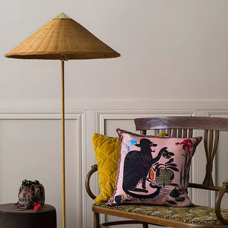 Rustic Walnut Woven Cone Shade Metal Floor Lamp Zawala Image - 4