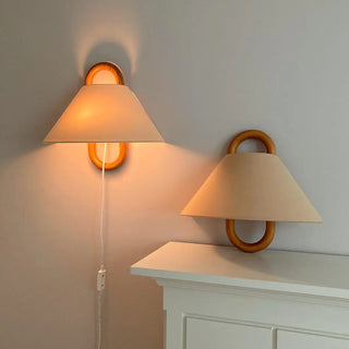 Scandinavian Beige Wooden and Fabric Cone Wall Lamp Zawala Image - 1