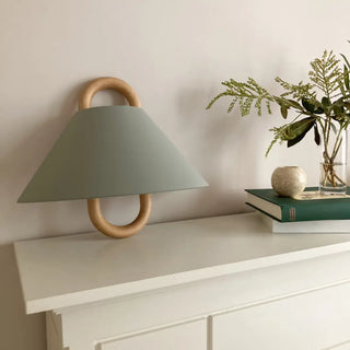 Scandinavian Beige Wooden and Fabric Cone Wall Lamp Zawala Image - 17
