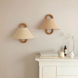 Scandinavian Beige Wooden and Fabric Cone Wall Lamp Zawala Image - 2