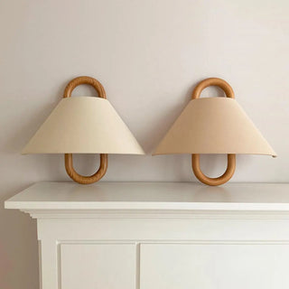 Scandinavian Beige Wooden and Fabric Cone Wall Lamp Zawala Image - 4