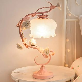 Elegant Pastoral Ceramic Rose Glass Bedside Table Lamp Zawala Image - 1