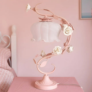 Elegant Pastoral Ceramic Rose Glass Bedside Table Lamp Zawala Image - 2