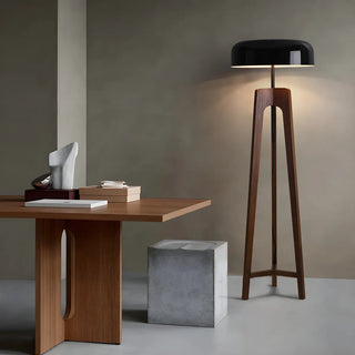 Simple Black Dome Shade Wooden Tripod Floor Lamp Zawala Image - 2