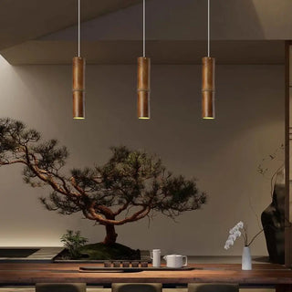 ZOWALA - Modern Cylindrical Bamboo Pendant Light Living Room Brown Image - 11