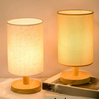 Simple Cylindrical Fabric Shade Wooden Base Table Lamp Zawala Image - 1