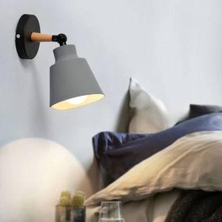Simple Cone Metal Shade Wood Bedroom Wall Light Gray Image - 1