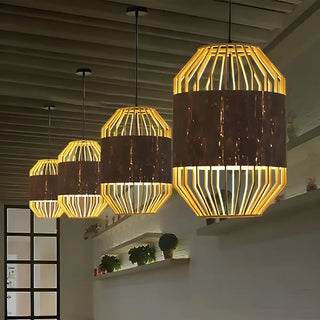 ZOWALA - Natural Cage Cylinder Wood Beige Dining Room Pendant Light Image - 3