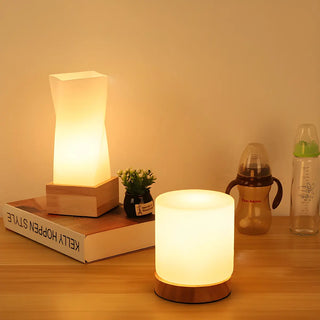 Simple White Glass Shade Wood Base Night Table Lamp Zawala Image - 1